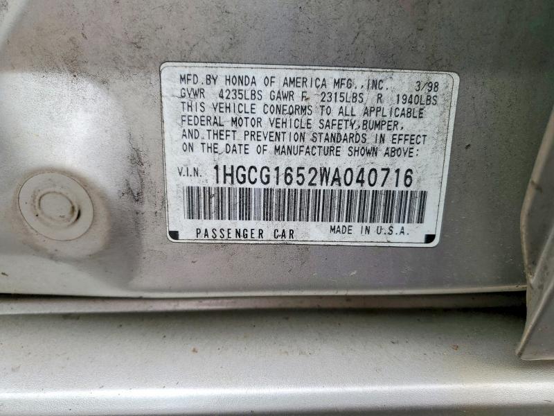 Продаж на аукціоні авто 1998 Honda Accord, vin: 1HGCG1652WA040716, номер лоту: 59995236