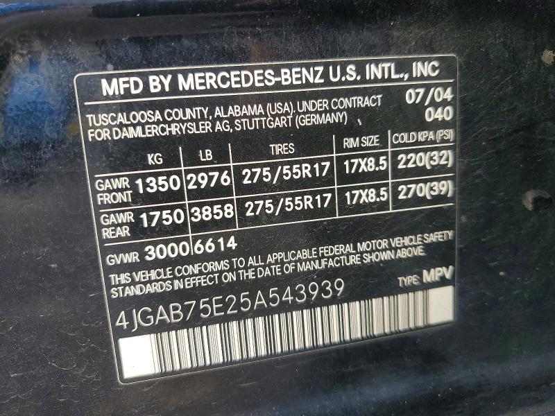 61056806 :رقم المزاد ، 4JGAB75E25A543939 vin ، 2005 Mercedes-benz Ml مزاد بيع