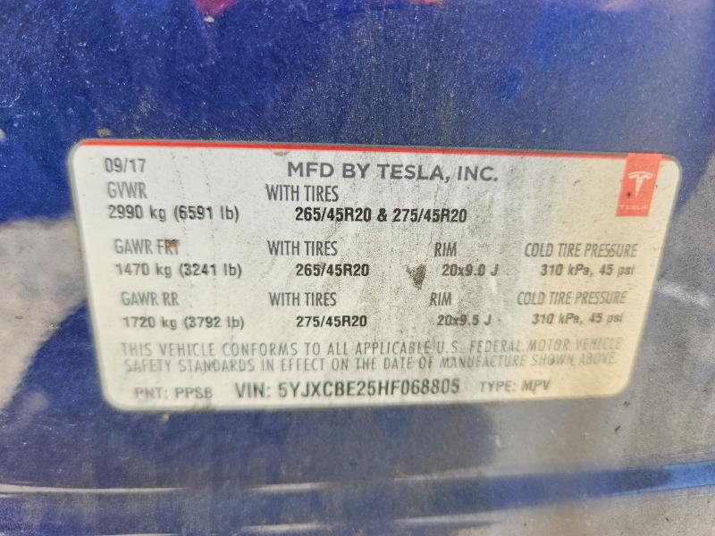 60068386 :رقم المزاد ، 5YJXCBE25HF068805 vin ، 2017 Tesla Model X مزاد بيع