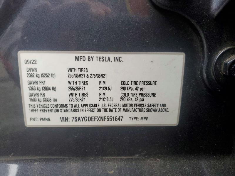 59627316 :رقم المزاد ، 7SAYGDEFXNF551647 vin ، 2022 Tesla Model Y مزاد بيع