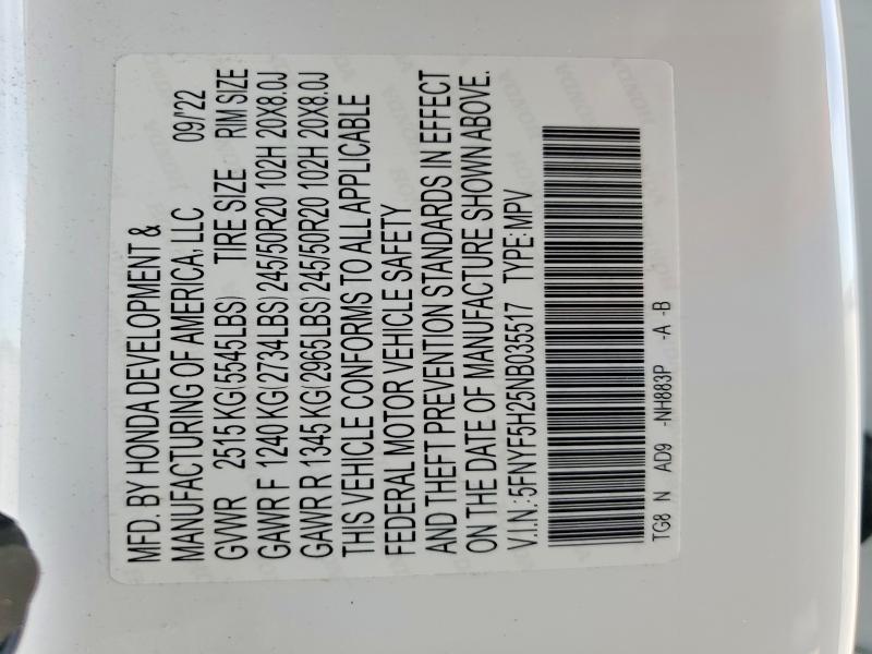 2022 Honda Pilot მანქანა იყიდება აუქციონზე, vin: 5FNYF5H25NB035517, აუქციონის ნომერი: 57973726