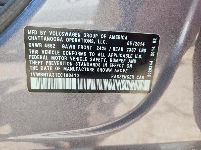 2014 Volkswagen Passat მანქანა იყიდება აუქციონზე, vin: 1VWBN7A31EC106410, აუქციონის ნომერი: 61129526