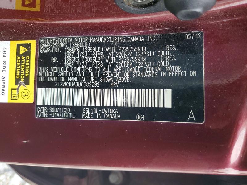60246976 :رقم المزاد ، 2T2ZK1BA3DC089292 vin ، 2013 Lexus Rx مزاد بيع