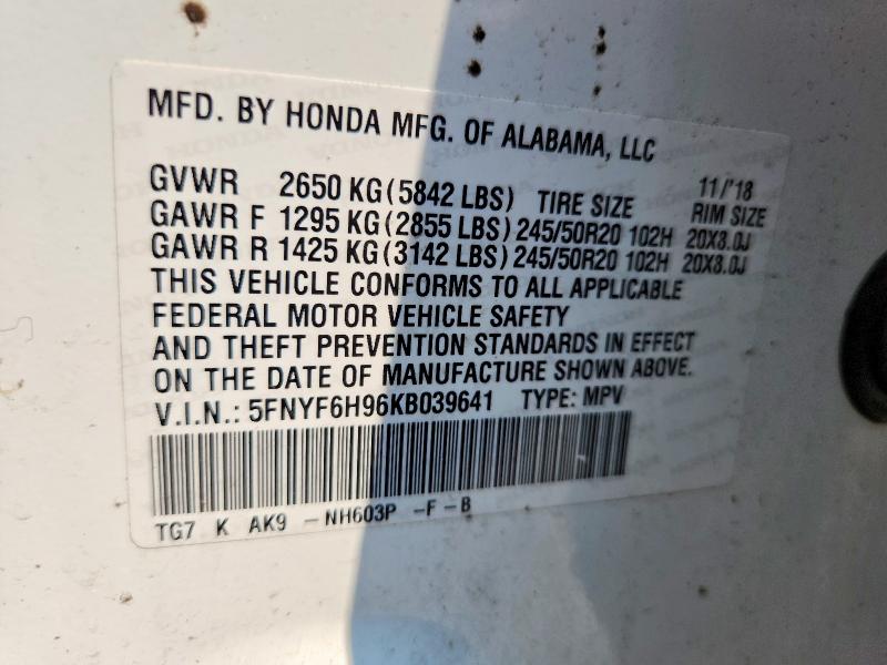 Продаж на аукціоні авто 2019 Honda Pilot, vin: 5FNYF6H96KB039641, номер лоту: 62930766
