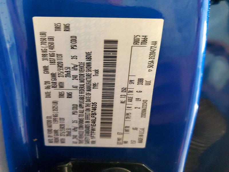2020 Ford F150 მანქანა იყიდება აუქციონზე, vin: 1FTFW1E46LFB74635, აუქციონის ნომერი: 61738666