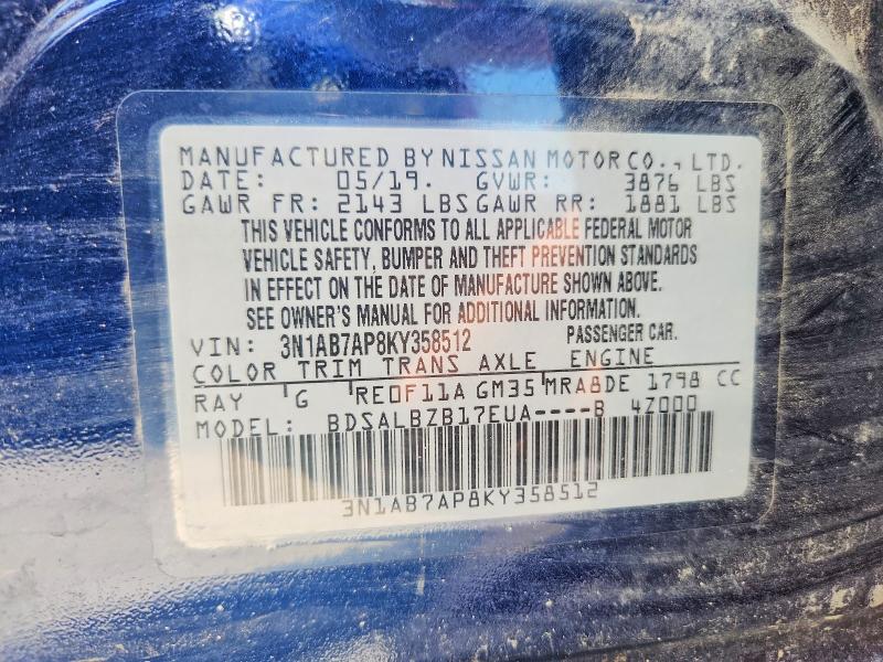 Auction sale of the 2019 Nissan Sentra, vin: 3N1AB7AP8KY358512, lot number: 63413996