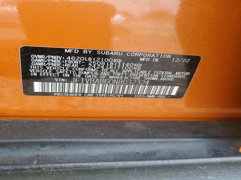 2022 Subaru Wrx მანქანა იყიდება აუქციონზე, vin: JF1VBAB60N8032324, აუქციონის ნომერი: 60947336