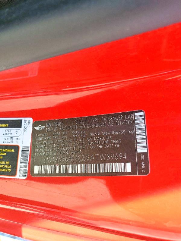 Продажа на аукционе авто 2010 Mini Cooper, vin: WMWMF7C59ATW89694, номер лота: 59402686