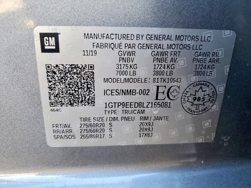 Продаж на аукціоні авто 2020 Gmc Sierra, vin: 1GTP9EED8LZ165081, номер лоту: 62236916
