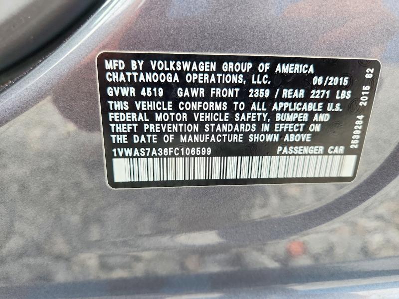 Продаж на аукціоні авто 2015 Volkswagen Passat, vin: 1VWAS7A36FC106599, номер лоту: 63147356