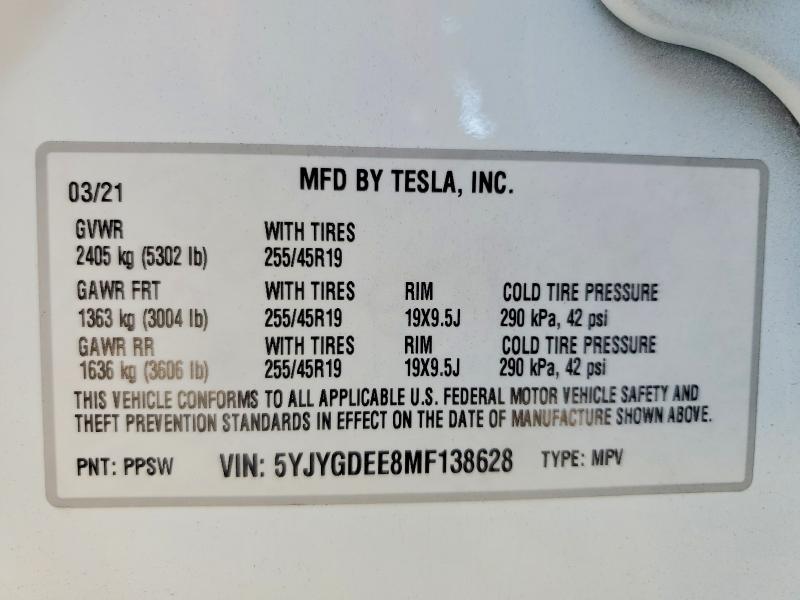 Aukcja sprzedaży 2021 Tesla Model Y, vin: 5YJYGDEE8MF138628, numer aukcji: 59727706