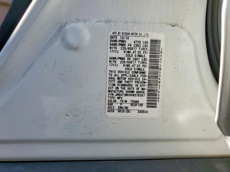 2019 Nissan Rogue მანქანა იყიდება აუქციონზე, vin: JN8AT2MV0KW379387, აუქციონის ნომერი: 62355606