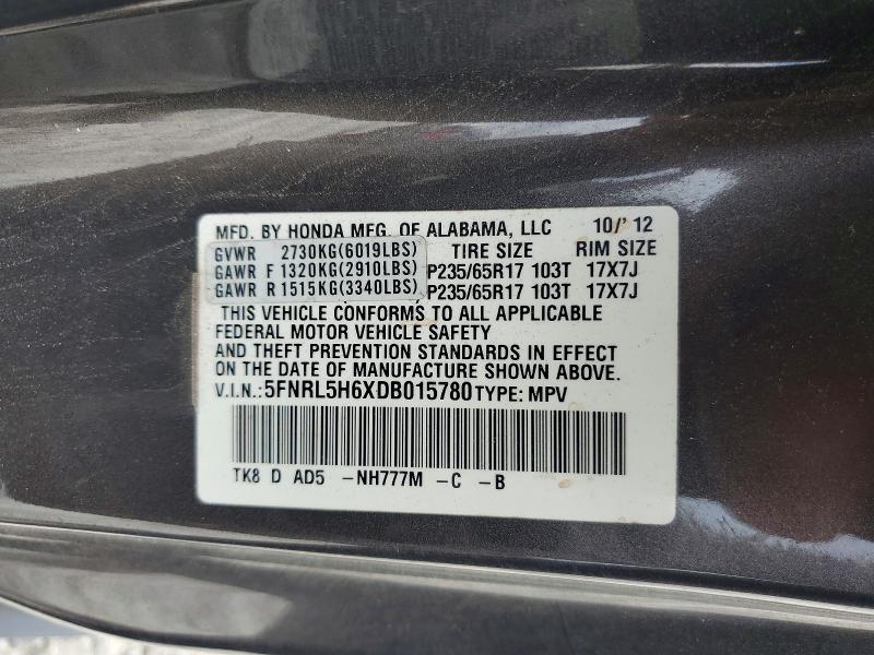 61492026 :رقم المزاد ، 5FNRL5H6XDB015780 vin ، 2013 Honda Odyssey مزاد بيع