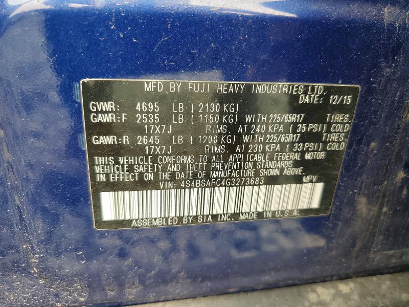 2016 Subaru Outback მანქანა იყიდება აუქციონზე, vin: 4S4BSAFC4G3273683, აუქციონის ნომერი: 61068376