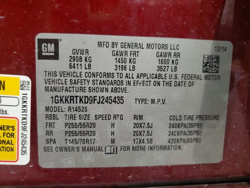 62440806 :رقم المزاد ، 1GKKRTKD9FJ245435 vin ، 2015 Gmc Acadia مزاد بيع