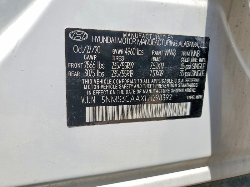 59990616 :رقم المزاد ، 5NMS3CAAXLH298392 vin ، 2020 Hyundai Santa Fe مزاد بيع