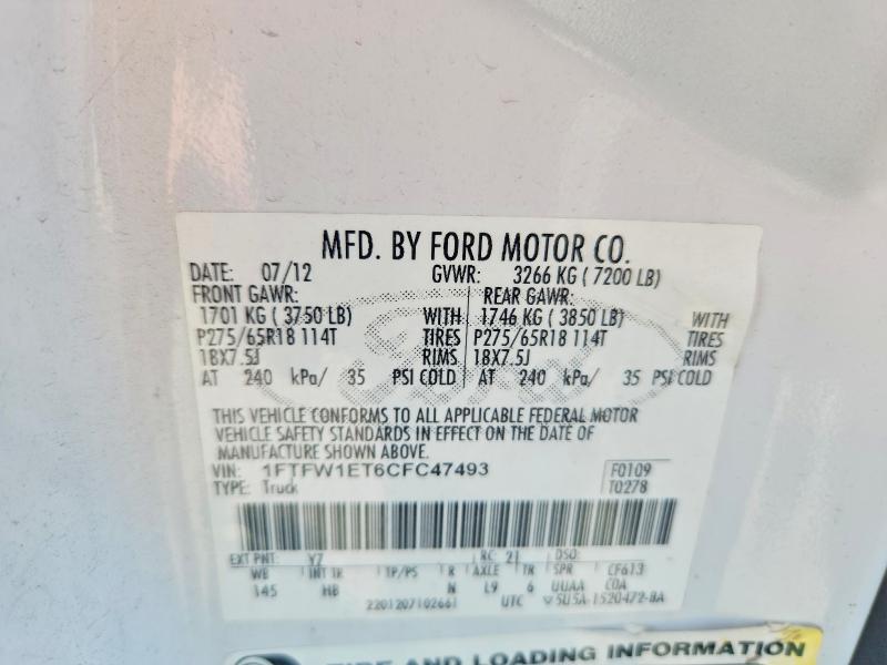 59647596 :رقم المزاد ، 1FTFW1ET6CFC47493 vin ، 2012 Ford F150 مزاد بيع