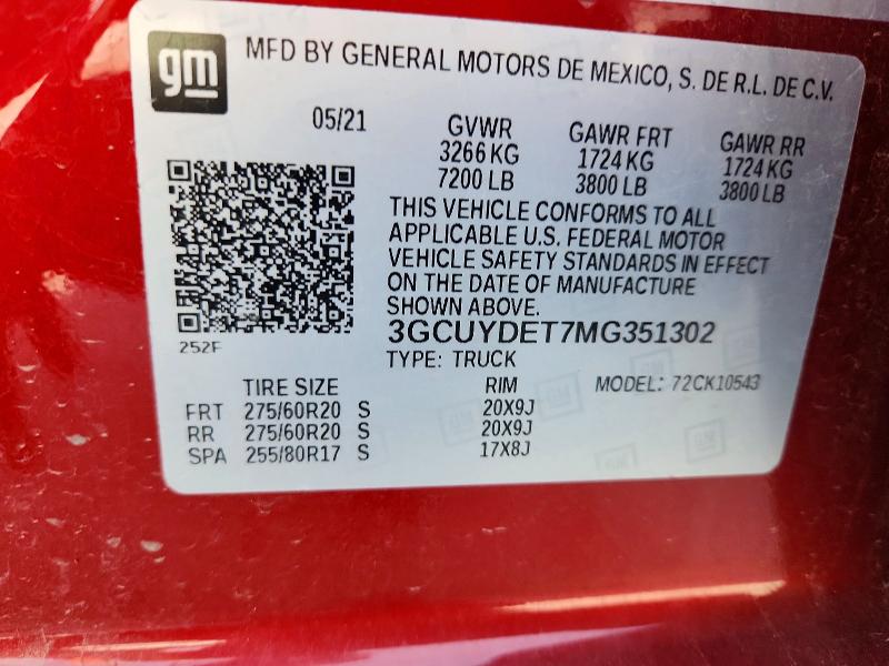 Auction sale of the 2021 Chevrolet Silverado, vin: 3GCUYDET7MG351302, lot number: 59354536