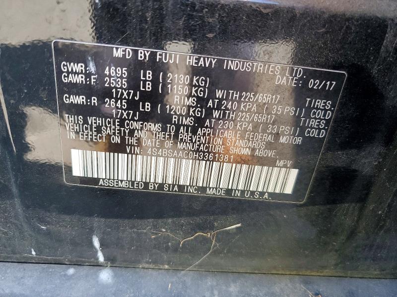 60664306 :رقم المزاد ، 4S4BSAAC0H3361381 vin ، 2017 Subaru Outback مزاد بيع