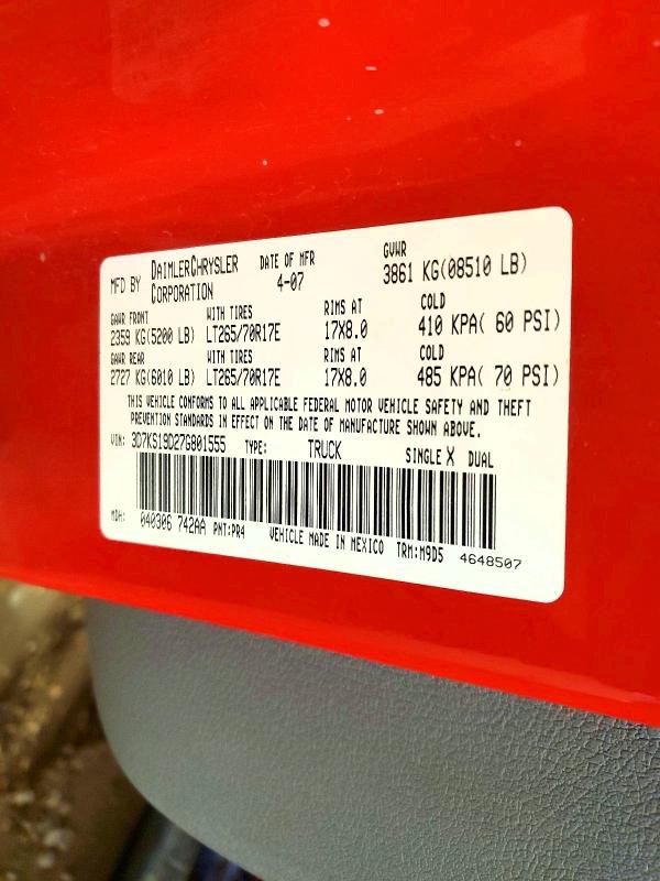 Auction sale of the 2007 Dodge Ram 1500, vin: 3D7KS19D27G801555, lot number: 60582286