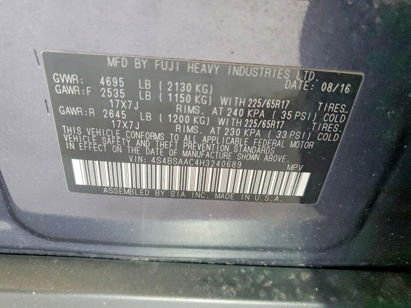 62960206 :رقم المزاد ، 4S4BSAAC4H3240689 vin ، 2017 Subaru Outback مزاد بيع