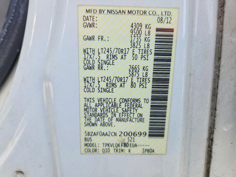 Aukcja sprzedaży 2012 Nissan Nv, vin: 5BZAF0AA2CN200699, numer aukcji: 64684436