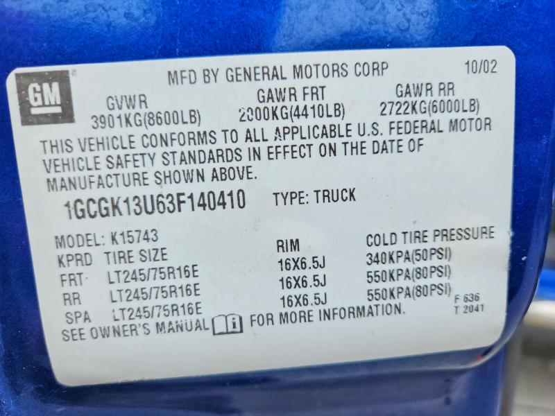 60389446 :رقم المزاد ، 1GCGK13U63F140410 vin ، 2003 Chevrolet Silverado مزاد بيع