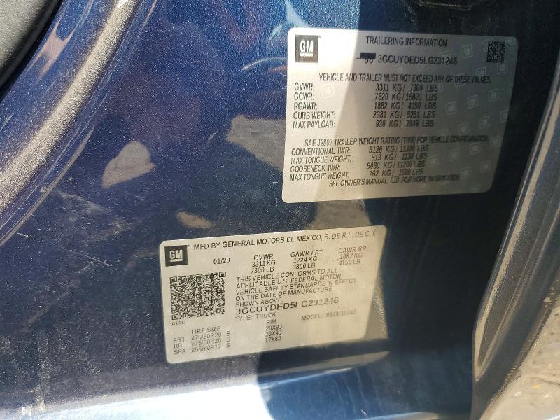 60652746 :رقم المزاد ، 3GCUYDED5LG231246 vin ، 2020 Chevrolet Silverado مزاد بيع