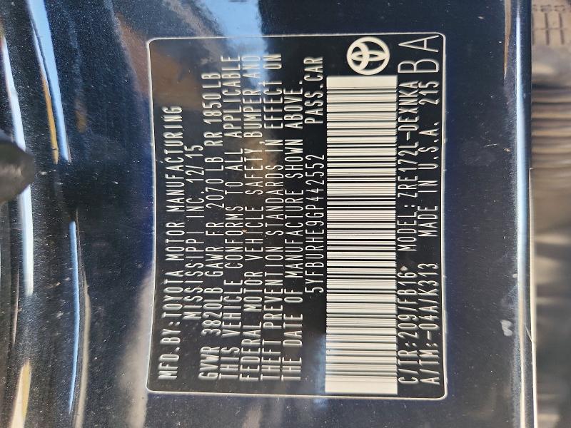 60509726 :رقم المزاد ، 5YFBURHE9GP442552 vin ، 2016 Toyota Corolla مزاد بيع