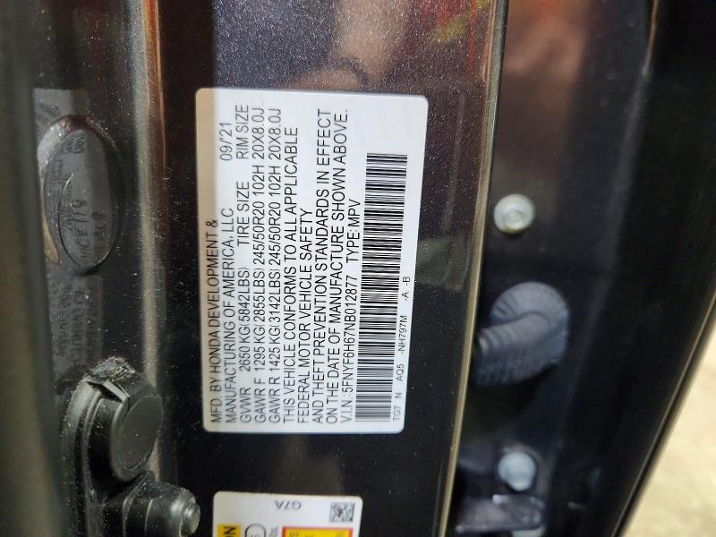 Продажа на аукционе авто 2022 Honda Pilot, vin: 5FNYF6H67NB012877, номер лота: 59145896