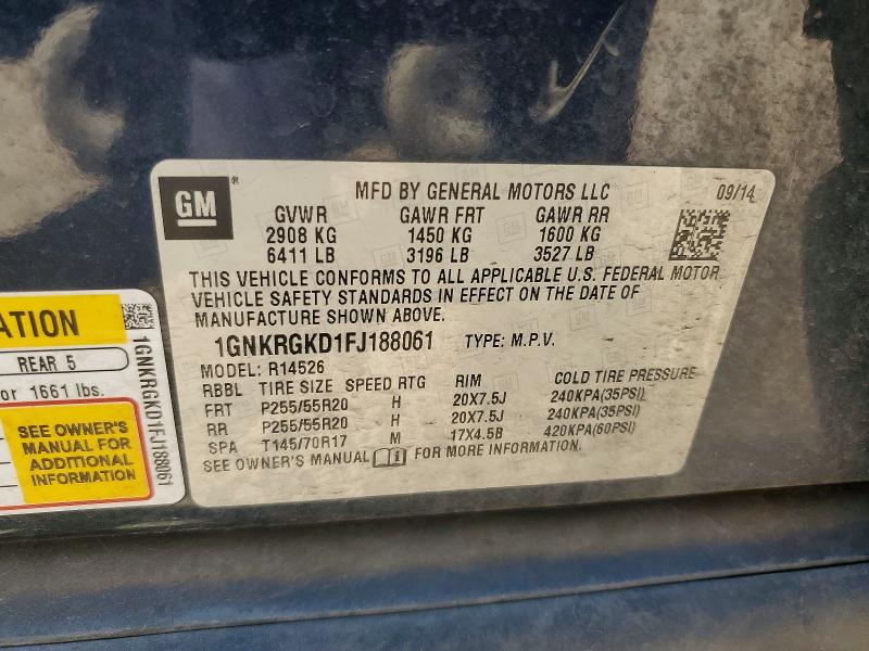 59581666 :رقم المزاد ، 1GNKRGKD1FJ188061 vin ، 2015 Chevrolet Traverse مزاد بيع