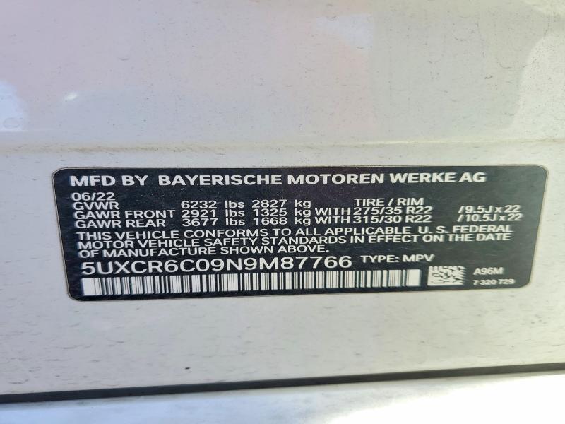 60500396 :رقم المزاد ، 5UXCR6C09N9M87766 vin ، 2022 Bmw X5 مزاد بيع