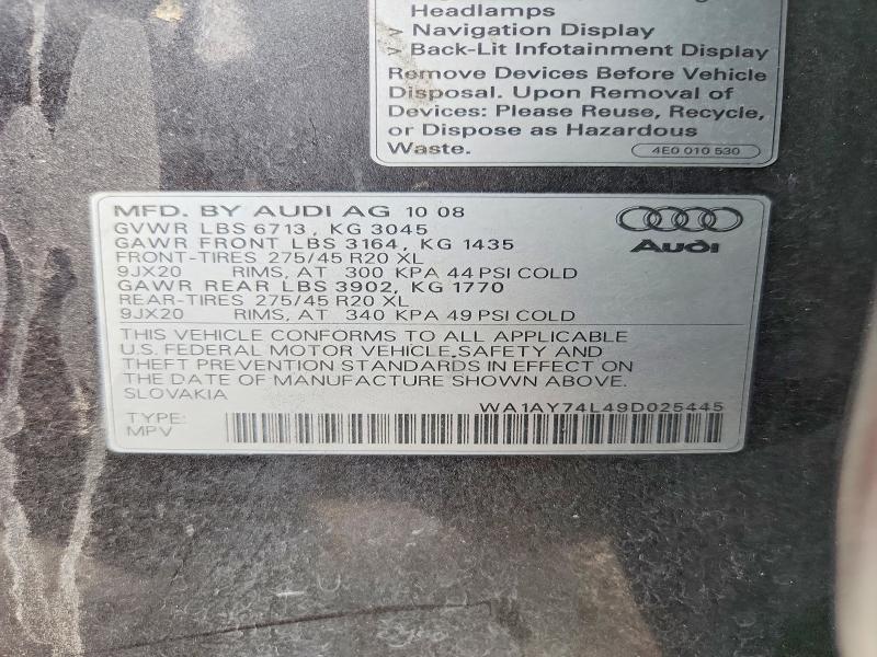 2009 Audi Q7 მანქანა იყიდება აუქციონზე, vin: WA1AY74L49D025445, აუქციონის ნომერი: 59905756