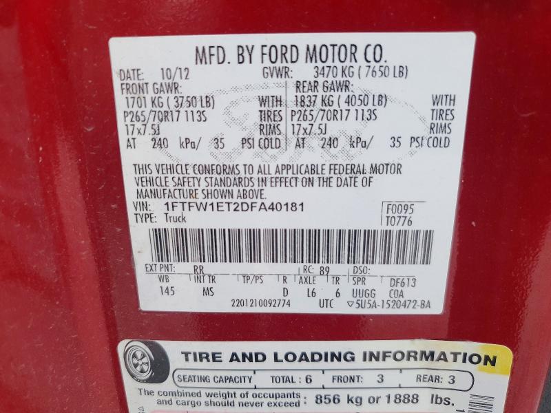 60361096 :رقم المزاد ، 1FTFW1ET2DFA40181 vin ، 2013 Ford F150 مزاد بيع