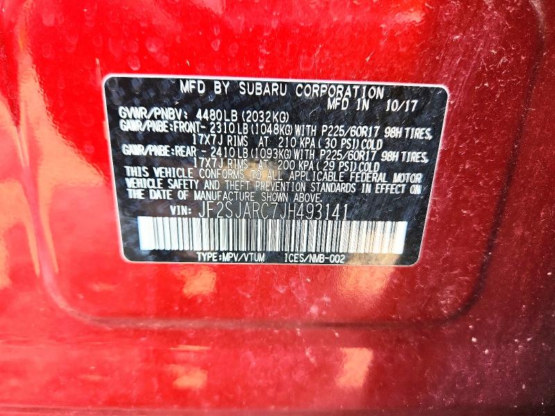 2018 Subaru Forester მანქანა იყიდება აუქციონზე, vin: JF2SJARC7JH493141, აუქციონის ნომერი: 62830736