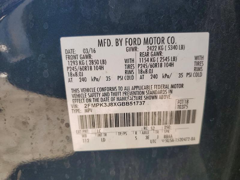 Aukcja sprzedaży 2016 Ford Edge, vin: 2FMPK3J8XGBB51737, numer aukcji: 62465706