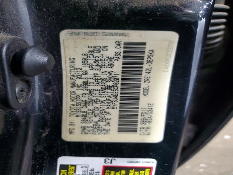 Aukcja sprzedaży 2012 Toyota Corolla, vin: 5YFBU4EE6CP020711, numer aukcji: 60942256