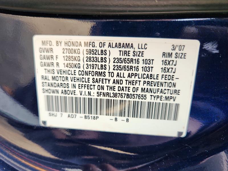 Продаж на аукціоні авто 2007 Honda Odyssey, vin: 5FNRL38767B057655, номер лоту: 61722626