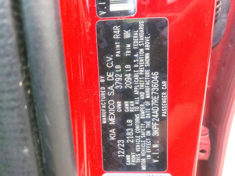 2024 Kia Forte მანქანა იყიდება აუქციონზე, vin: 3KPF24AD7RE736046, აუქციონის ნომერი: 60453496