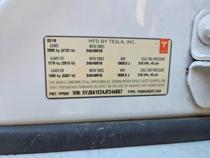 2018 Tesla Model S მანქანა იყიდება აუქციონზე, vin: 5YJSA1E24JF244887, აუქციონის ნომერი: 60194996