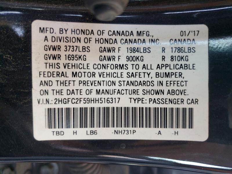 2017 Honda Civic მანქანა იყიდება აუქციონზე, vin: 2HGFC2F59HH516317, აუქციონის ნომერი: 63169016