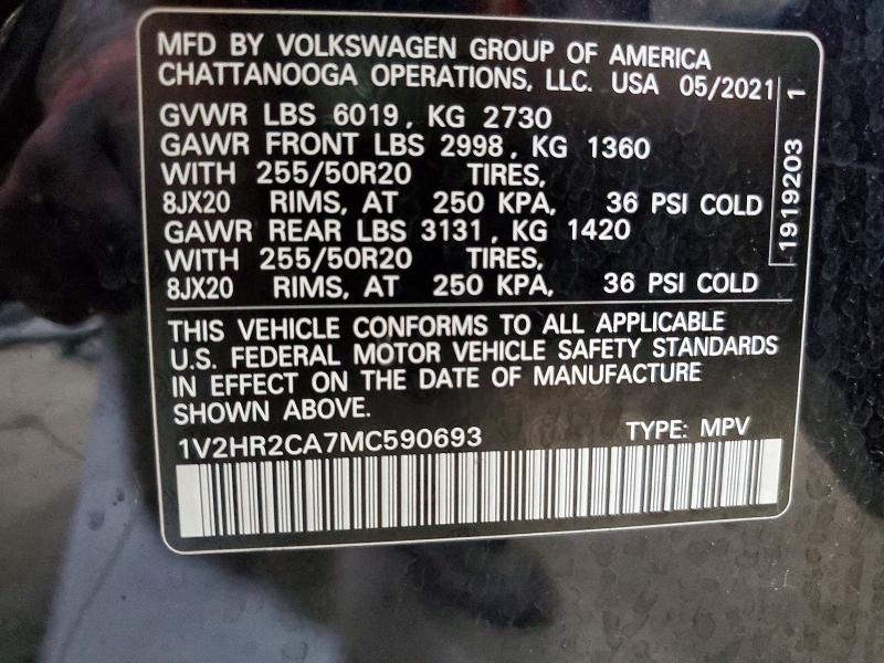 Продажа на аукционе авто 2021 Volkswagen Atlas, vin: 1V2HR2CA7MC590693, номер лота: 59291536