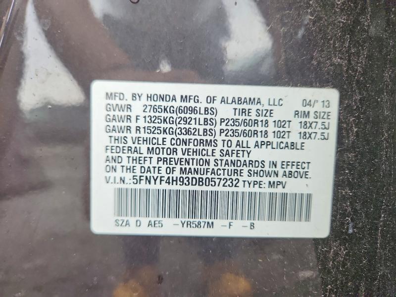 Продаж на аукціоні авто 2013 Honda Pilot, vin: 5FNYF4H93DB057232, номер лоту: 62012936