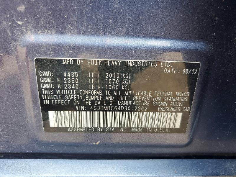 Aukcja sprzedaży 2013 Subaru Legacy, vin: 4S3BMBC64D3012262, numer aukcji: 62654656