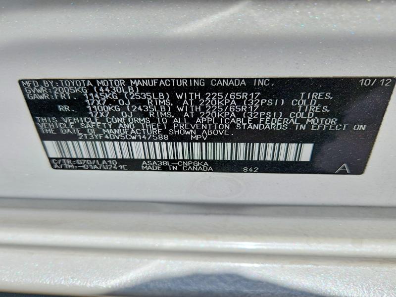 Aukcja sprzedaży 2012 Toyota Rav4, vin: 2T3YF4DV5CW147588, numer aukcji: 59917586