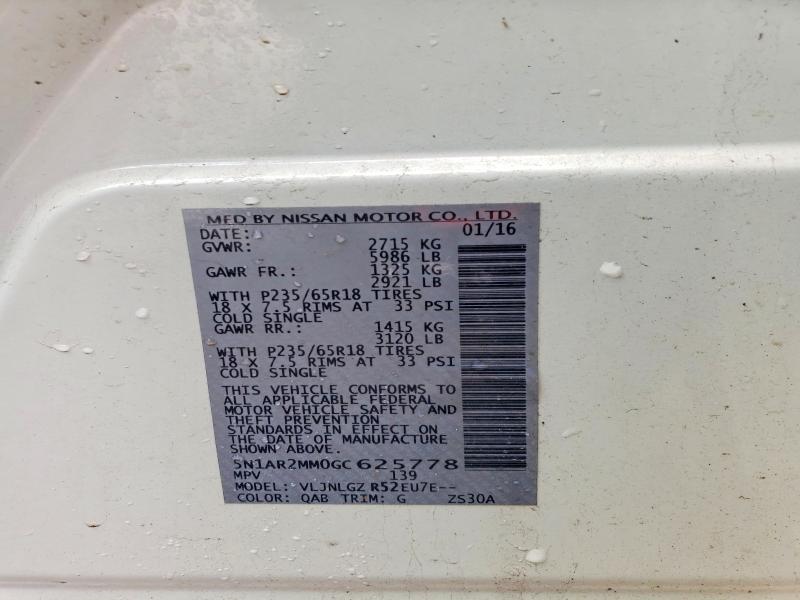 63131146 :رقم المزاد ، 5N1AR2MM0GC625778 vin ، 2016 Nissan Pathfinder مزاد بيع