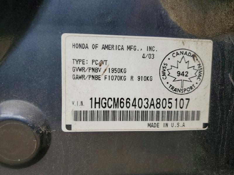 Aukcja sprzedaży 2003 Honda Accord, vin: 1HGCM66403A805107, numer aukcji: 56122976