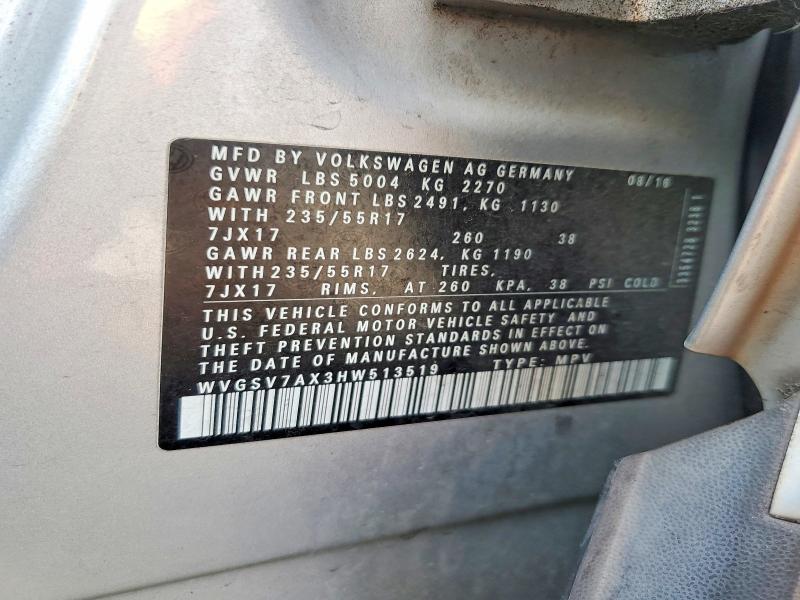 Auction sale of the 2017 Volkswagen Tiguan, vin: WVGSV7AX3HW513519, lot number: 61971816