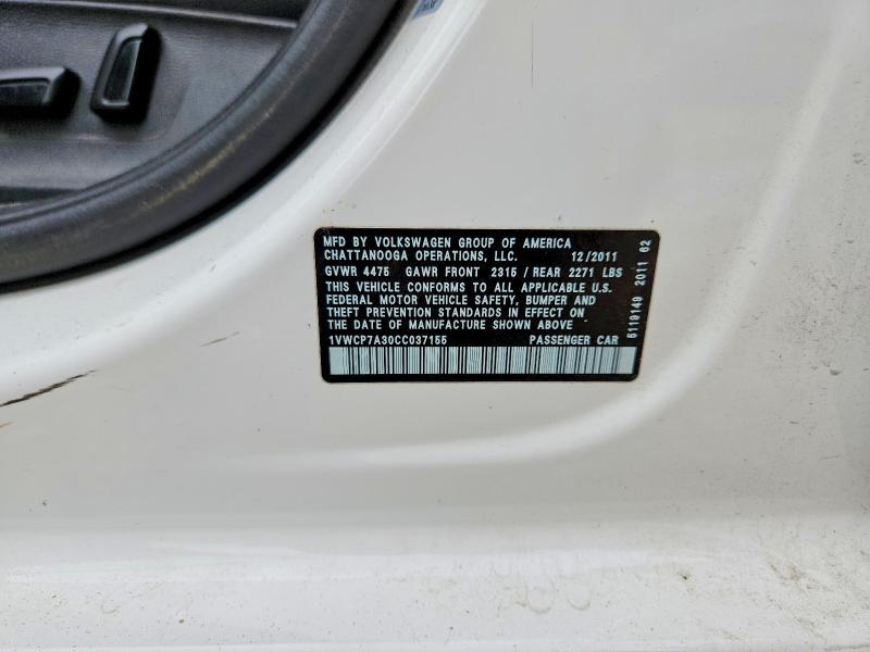 Aukcja sprzedaży 2012 Volkswagen Passat, vin: 1VWCP7A30CC037155, numer aukcji: 62612506