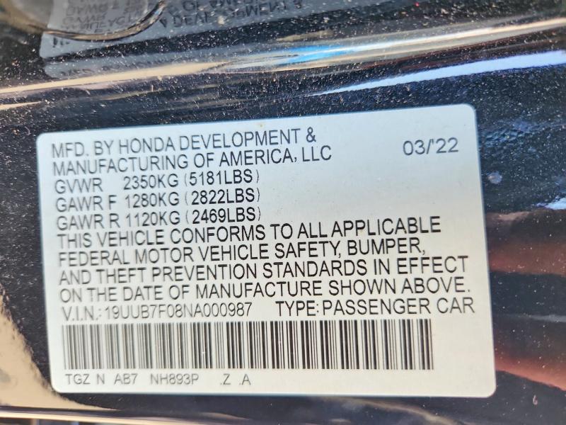2022 Acura Tlx მანქანა იყიდება აუქციონზე, vin: 19UUB7F08NA000987, აუქციონის ნომერი: 59258056